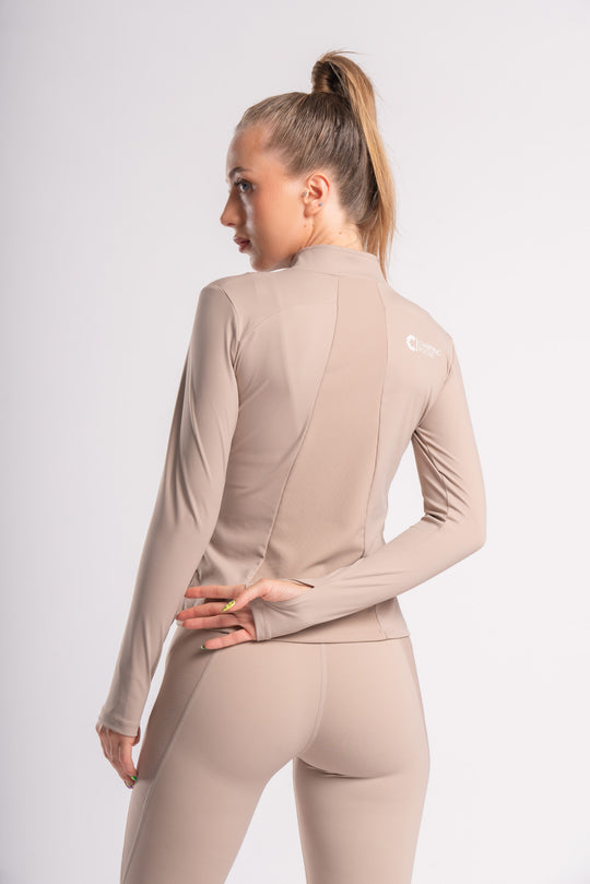 Seamless three-piece workout outfit - yoga pants, sports bra, and jacket