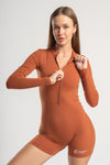 zip-front long sleeve unitard for women, featuring a short length ideal for gym