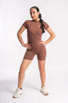 Zip-up women's unitard for gym, short sleeves, fitness wear